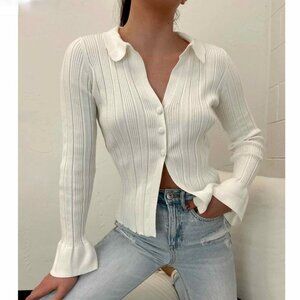 BaeVely Anthropologie White Sweater Womens Med Long Sleeve Button Collar Boho